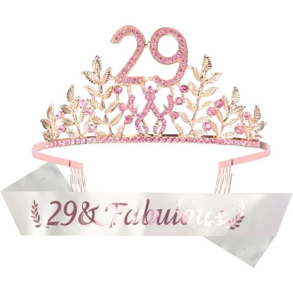 NWT 29th Birthday Party Princess Tiara and Sash in Rosegold and Pink Rhinestones